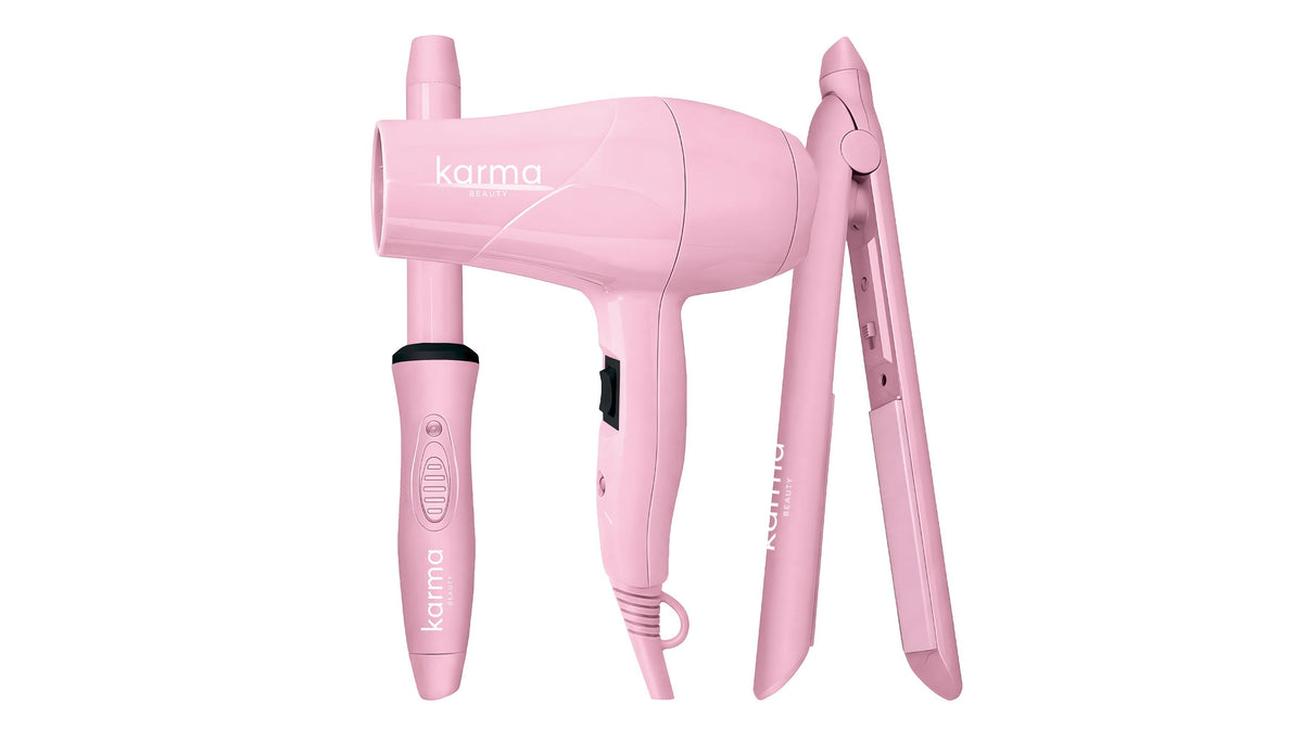 Carry On Cutie travel hair tool set with mini flat iron, mini blow dryer and mini curler