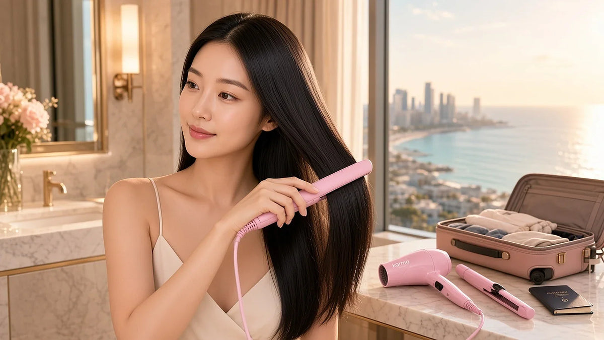 Woman with sleek, glossy straight hair using a Karma Beauty mini travel flat iron in a hotel room, with the Carry On Cutie travel set and suitcase