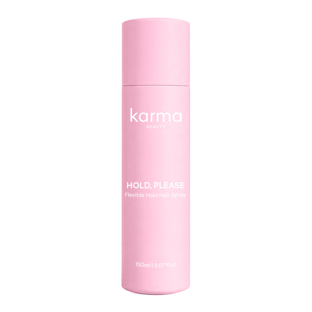 A pink cylindrical bottle of Karma Beauty Hold, Please Flexible Hold Hair Spray, shown against a plain white background.