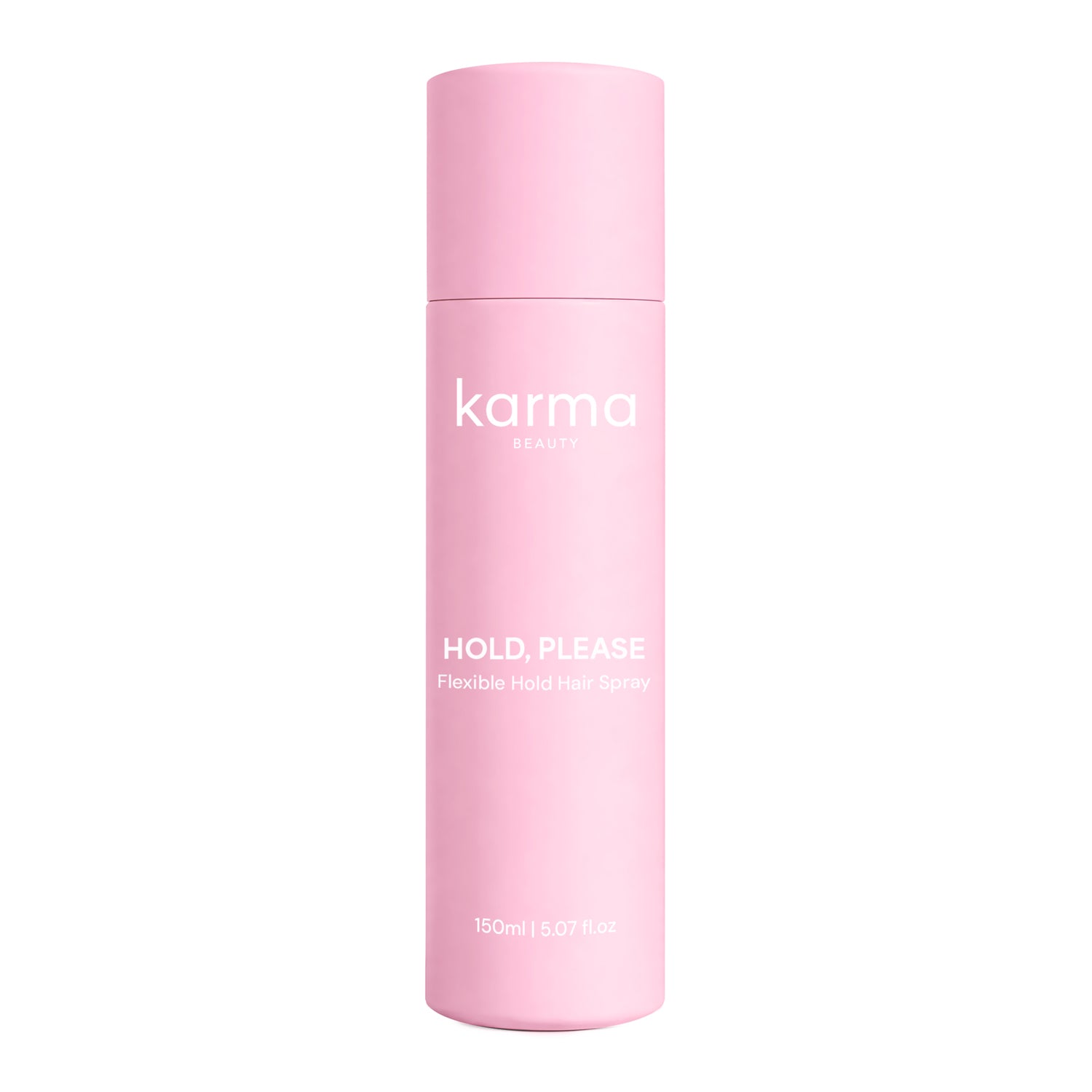 A pink cylindrical bottle of Karma Beauty Hold, Please Flexible Hold Hair Spray, shown against a plain white background.