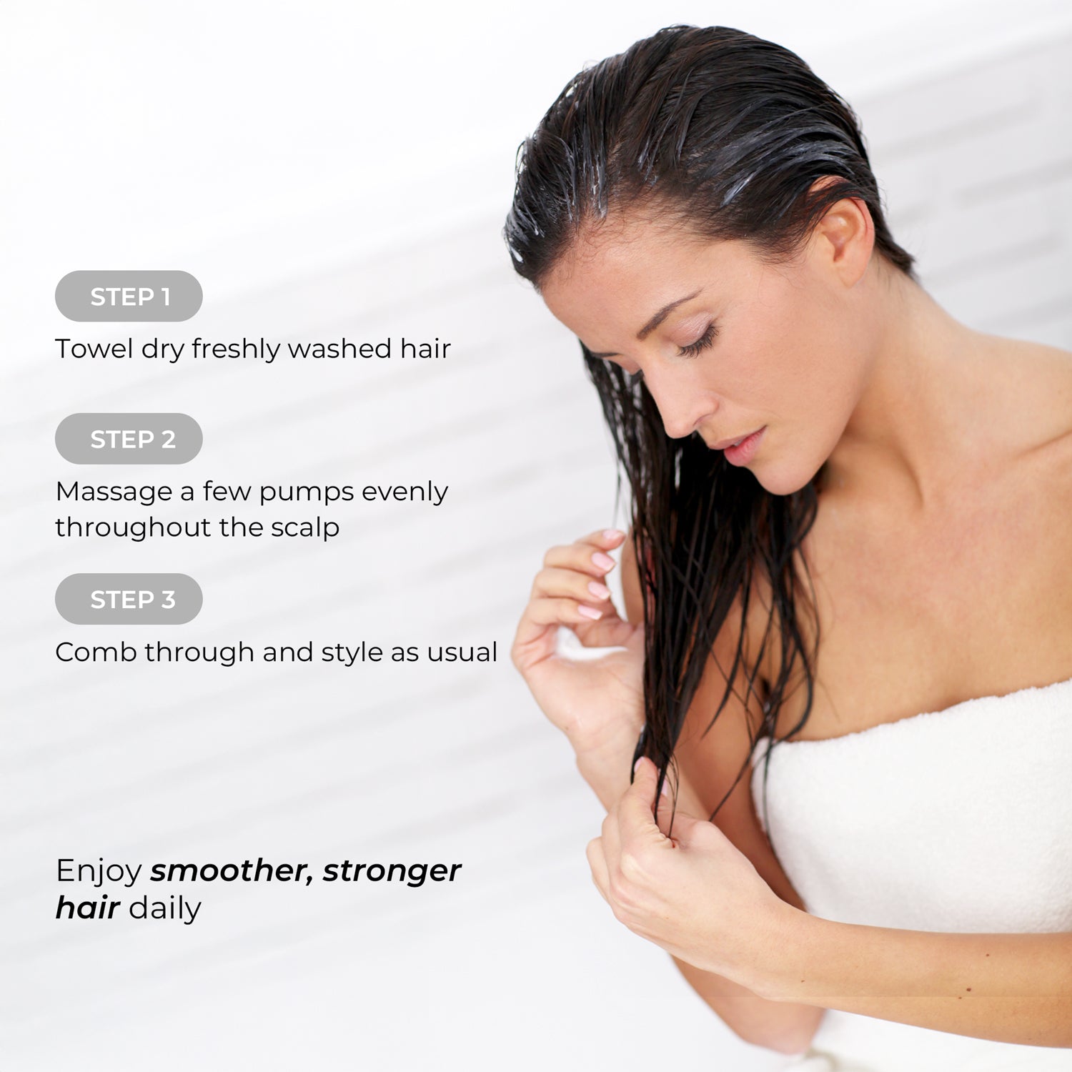 Woman with wet hair, steps for hair care on a white background