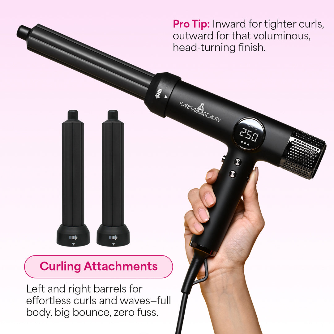 Hair styling tool with curling attachments on a pink background