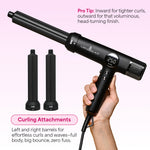Hair styling tool with curling attachments on a pink background
